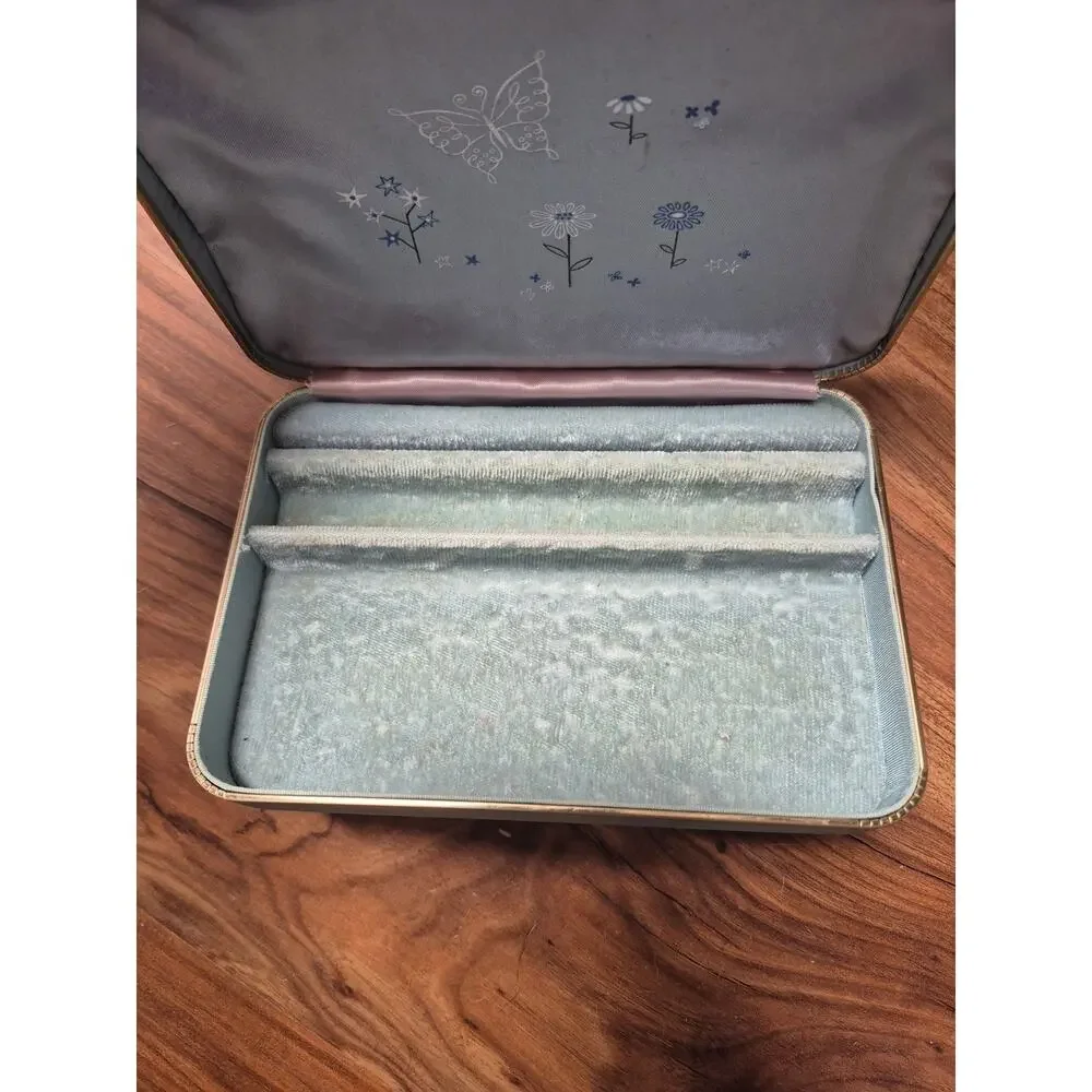 VTG Farrington Jewelry Box Blue Texol Velvet Interior Butterfly Case Flowers 50s